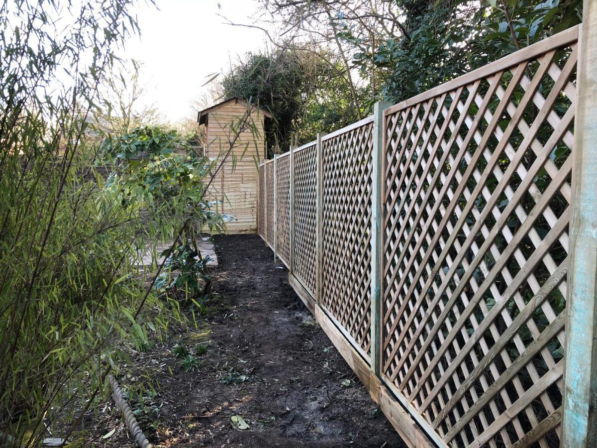 Garden path beside a wooden trellis fence leading to a small shed